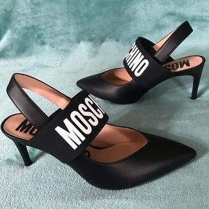 MOSCHINO Brand Logo Tape Slingback Pumps